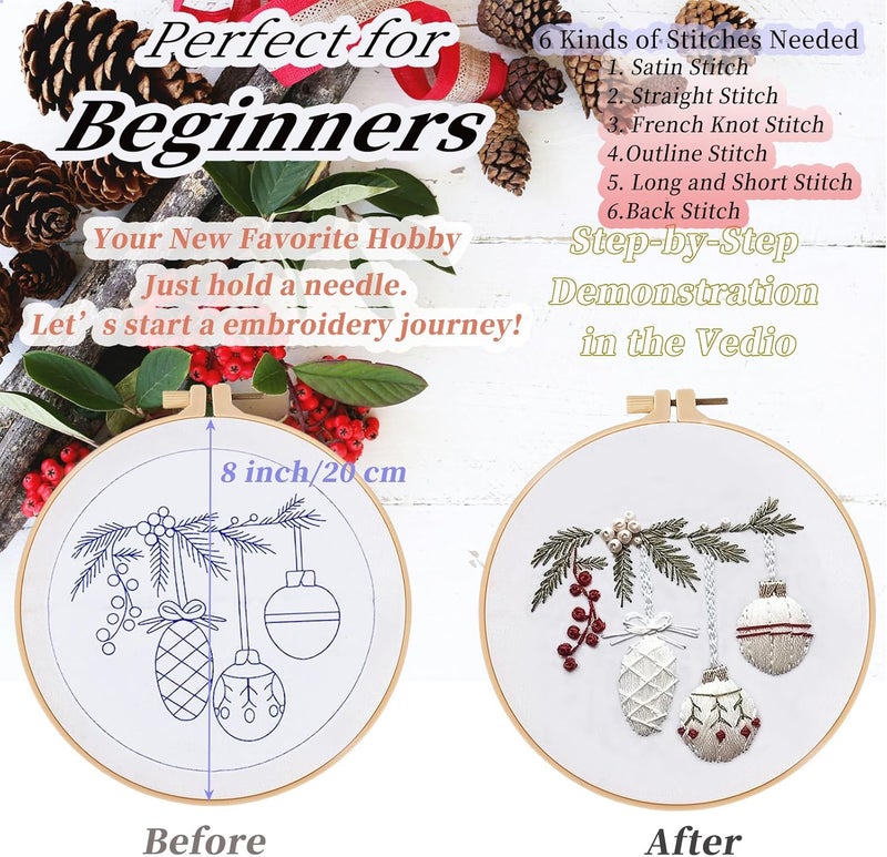 FONNUY Crewel Christmas Embroidery Kit for Beginners, Cross Stitch Set Winter Snow Scene Pine Owl Pattern for Adults, Easy to Follow Color Thread Needlework, 8'' Hoop (Holly Bauble) - Image 3